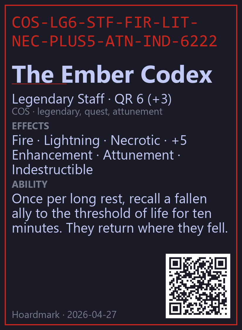 A Hoardmark magic item card with a Forge Code and QR